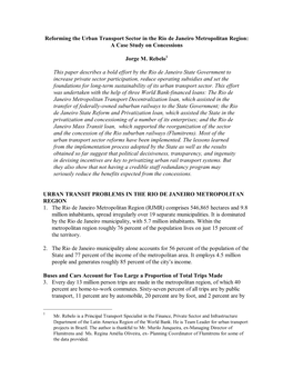 Reforming the Urban Transport Sector in the Rio De Janeiro Metropolitan Region: a Case Study on Concessions