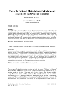 Toward Cultural Materialism: Criticism and Hegemony in Raymond Williams