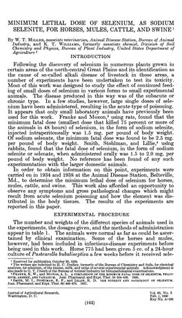 Minimum Lethal Dose of Selenium, As Sodium Selenite, for Horses, Mules, Cattle, and Swine '