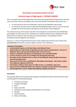 North West Leicestershire District Council Potential Impact of High Speed 2 – REVISED VERSION