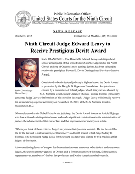 Ninth Circuit Judge Edward Leavy to Receive Prestigious Devitt Award