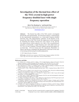 Investigation of the Thermal Lens Effect of the TGG Crystal in High-Power Frequency-Doubled Laser with Single Frequency Operation