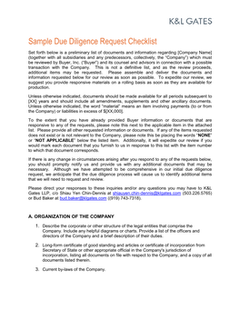 Sample Due Diligence Request Checklist