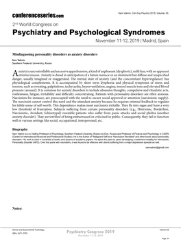 Psychiatry and Psychological Syndromes November 11-12, 2019 | Madrid, Spain