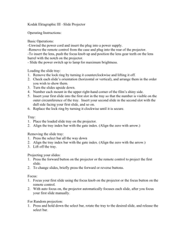 Kodak Ektagraphic III –Slide Projector Operating Instructions: Basic