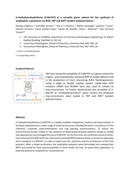 2-Methyltetrahydrofuran (2-Methf) As a Versatile Green Solvent for the Synthesis of Amphiphilic Copolymers Via ROP, FRP and RAFT Tandem Polymerizations