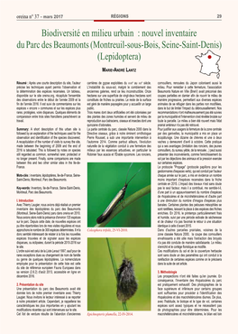 Nouvel Inventaire Du Parc Des Beaumonts (Montreuil-Sous-Bois, Seine-Saint-Denis) (Lepidoptera) L