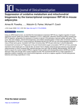 Suppression of Oxidative Metabolism and Mitochondrial Biogenesis by the Transcriptional Corepressor RIP140 in Mouse Adipocytes