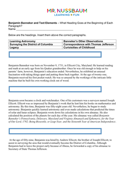 Benjamin Banneker and Text Elements – What Heading Goes at the Beginning of Each Paragraph? Name ______