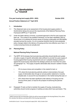 Five Year Housing Land Supply (2018 - 2023) October 2018 Annual Position Statement at 1St April 2018