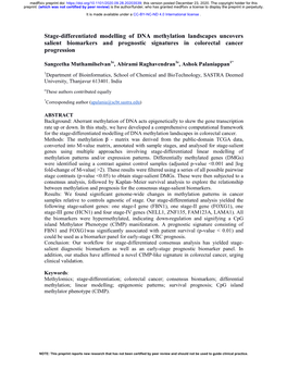 Stage-Differentiated Modelling of DNA Methylation Landscapes Uncovers Salient Biomarkers and Prognostic Signatures in Colorectal Cancer Progression