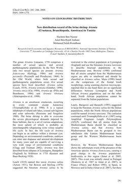 New Distribution Record of the Brine Shrimp Artemia (Crustacea, Branchiopoda, Anostraca) in Tunisia