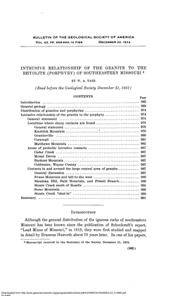 Porphyry) of Southeastern Missouri *