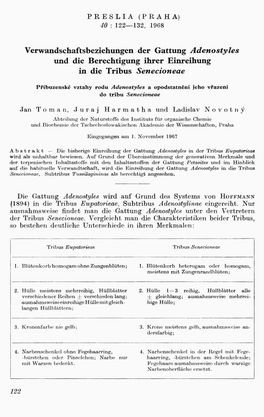 Verwandschaftsbeziehungen Der Gattung Adenostyles Und Die Berechtigung Ihrer Einreihung in Die Tribus Senecioneae