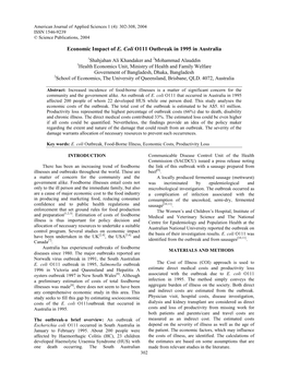 Economic Impact of E. Coli O111 Outbreak in 1995 in Australia