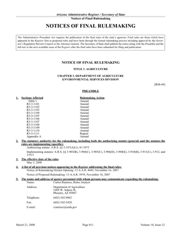 Notices of Final Rulemaking NOTICES of FINAL RULEMAKING
