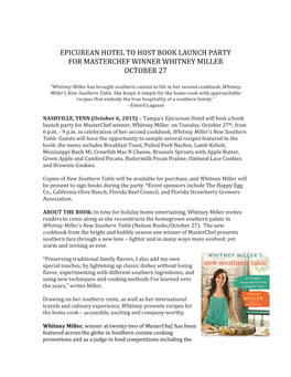 Epicurean Hotel to Host Book Launch Party for Masterchef Winner Whitney Miller October 27