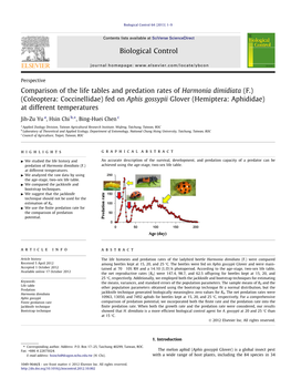 Comparison of the Life Tables and Predation Rates of Harmonia Dimidiata (F.) (Coleoptera: Coccinellidae) Fed on Aphis Gossypii G