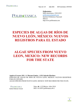 Especies De Algas De Ríos De Nuevo León, México: Nuevos Registros Para El Estado