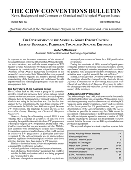 The Development of the Australia Group Export Control Lists of Biological Pathogens, Toxins and Dual-Use Equipment