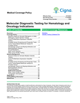 Molecular Diagnostic Testing for Hematology and Oncology Indications Table of Contents Related Coverage Resources