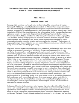 The Divisive Gate-Keeping Role of Languages in Jamaica: Establishing Post Primary Schools As Centres for Immersion in the Target Language