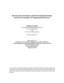 The Innovative Enterprise and the Developmental State: Toward an Economics of “Organizational Success”