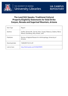 Traditional Cultural Property Eligibility Statements for Gold Strike Canyon, Nevada and Sugarloaf Mountain, Arizona