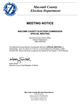 2018-06-13 Macomb County Election Commission Meeting Agenda Packet