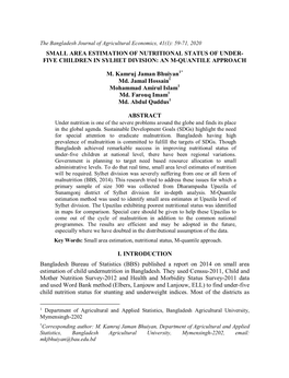 Small Area Estimation of Nutritional Status of Under- Five Children in Sylhet Division: an M-Quantile Approach