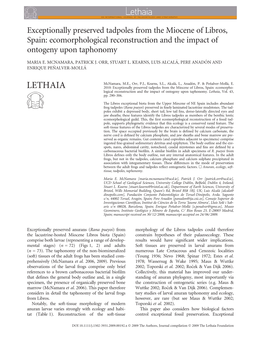 Exceptionally Preserved Tadpoles from the Miocene of Libros, Spain: Ecomorphological Reconstruction and the Impact of Ontogeny Upon Taphonomy