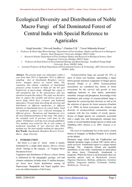 Ecological Diversity and Distribution of Noble Macro Fungi of Sal Dominated Forest of Central India with Special Reference to Agaricales
