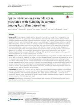 Spatial Variation in Avian Bill Size Is Associated with Humidity in Summer Among Australian Passerines Janet L