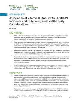 Association of Vitamin D Status with COVID-19 Incidence and Outcomes, and Health Equity Considerations