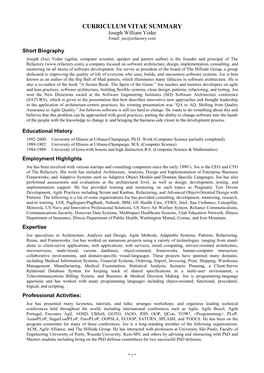 CURRICULUM VITAE SUMMARY Joseph William Yoder Email: Joe@Refactory.Com