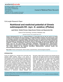 Nutritional and Medicinal Potential of Grewia Subinaequalis DC. (Syn. G