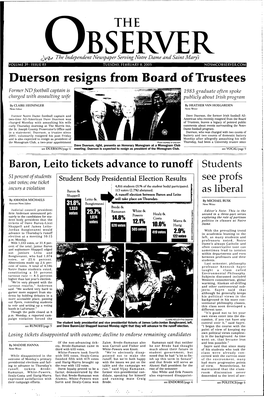 Duerson Resigns from Board of Trustees Former ND Football Captain Is 1983 Graduate Often Spoke Charged with Assaulting Wife Publicly About Irish Program
