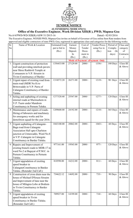 TENDER NOTICE Office of the Executive Engineer, Work Division XIII(R ), PWD, Mapusa