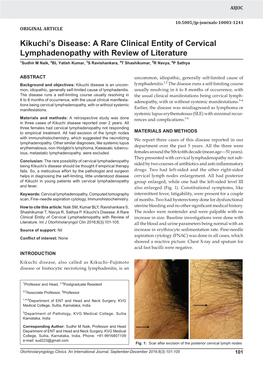 A Rare Clinical Entity of Cervical Lymphadenopathy with Review of Literature 1Sudhir M Naik, 2BL Yatish Kumar, 3S Ravishankara, 4T Shashikumar, 5R Navya, 6P Sathya