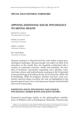 Applying Existential Social Psychology to Mental Health