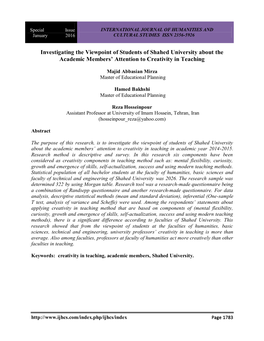 Investigating the Viewpoint of Students of Shahed University About the Academic Members’ Attention to Creativity in Teaching