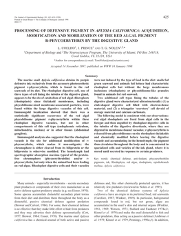 Processing of Defensive Pigment in Aplysia Californica: Acquisition, Modification and Mobilization of the Red Algal Pigment R-Phycoerythrin by the Digestive Gland