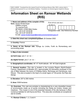 Information Sheet on Ramsar Wetlands (RIS)