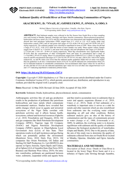 Sediment Quality of Orashi River at Four Oil Producing Communities of Nigeria