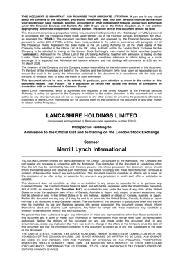 LANCASHIRE HOLDINGS LIMITED Merrill Lynch International