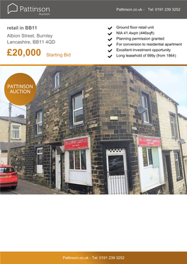 Retail in BB11 Albion Street, Burnley Lancashire, BB11 4QD £20,000