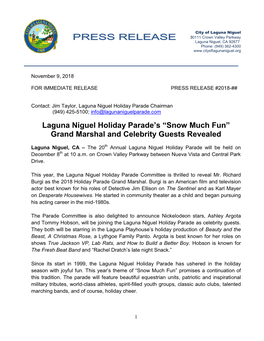 Laguna Niguel Holiday Parade's “Snow Much Fun” Grand Marshal