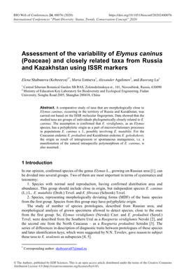 Assessment of the Variability of Elymus Caninus (Poaceae) and Closely Related Taxa from Russia and Kazakhstan Using ISSR Markers