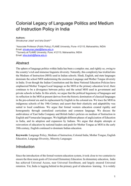Colonial Legacy of Language Politics and Medium of Instruction Policy in India