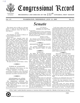 Congressional Record United States Th of America PROCEEDINGS and DEBATES of the 111 CONGRESS, FIRST SESSION